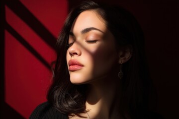 Brunette woman with closed eyes basks in sunlight casting shadow patterns on her face. She wears an earring and dark top. Her serene expression contrasts with vibrant red tones