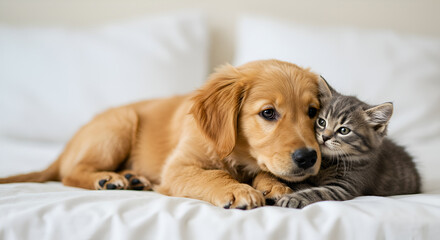 Adorable golden retriever puppy and domestic kitten laying together on white bed, concept of friendship and companionship, for veterinarian clinic.
