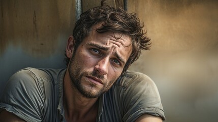 Obraz premium Young man looking thoughtfully at the camera in a rustic setting 