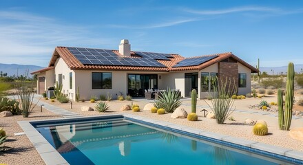 Fototapeta premium Desert Oasis: Modern House with Solar Panels and Pool