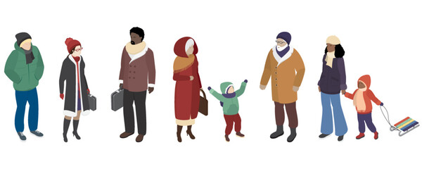 People in winter clothes set. Persons of different ages and races wearing warm outfit in cold weather outdoor. Isometric vector illustration on white background