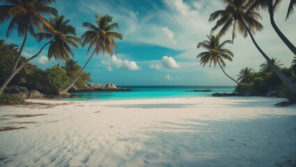Obraz premium Tropical beach with palm trees, white sand, and turquoise water under a partly cloudy sky.