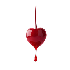 Glossy red cherry with droplet of juice hanging from its bottom, isolated transparency background, vibrant and fresh