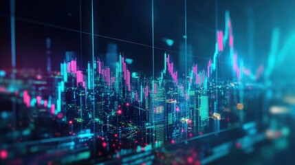 Graph Diagram. Neon Green and Blue Waves Charting Forex Data in Holographic Display