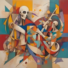 Colorful abstract cubist artwork featuring stylized skeletons holding musical instruments, surrounded by geometric shapes and dynamic compositions.
