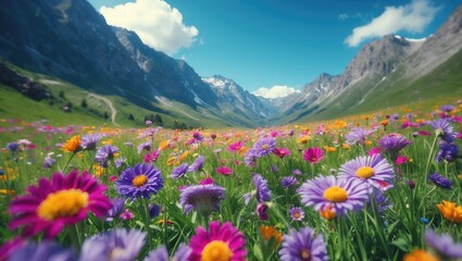Obraz premium Colorful wildflowers in a mountain valley with snow-capped peaks under a bright blue sky with clouds
