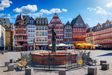 Summer day view of the old town Roemer in Frankfurt am Main, Germany, with the Fountain of Justice and no people