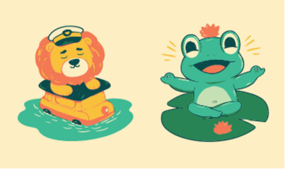 Obraz premium Cute Lion Captain and Relaxed Frog on Leaf Vector Art Illustration
