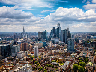 Panoramic aerial view of the skyline of London, England, during a sunny summer day