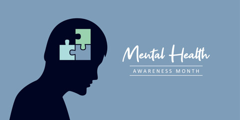 mental health awareness month concept man with puzzle in his head vector illustration
