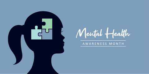 mental health awareness month concept woman with puzzle in his head vector illustration