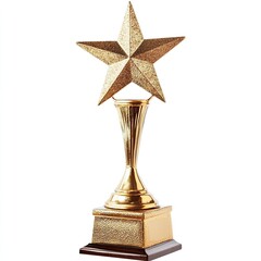 A golden trophy with a five-pointed star shape on the top, against a white background, in high-definition photography.