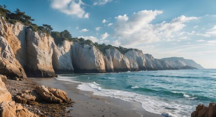 Cliffs and coastline on a sunny day with waves crashing, rugged cliffs, and sandy beach scenery.