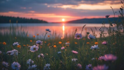 A scenic sunset over a lake with wildflowers in the foreground, capturing a peaceful natural landscape at dusk.