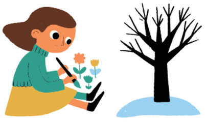 Cute Illustrator Creates Vector Art of Girl Drawing Flowers and Tree