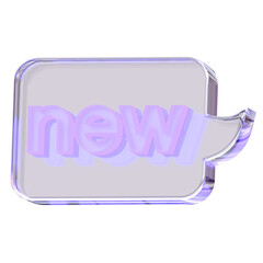 3d Rendering Purple New Button Text Bubble with glossy, reflective surface. Dispersed glass. Neon sign text. Holographic object in Y2K style. Decorative element for social media
