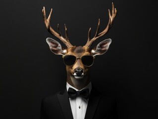 Deer wearing sunglasses and tuxedo poses against a black background at a stylish event