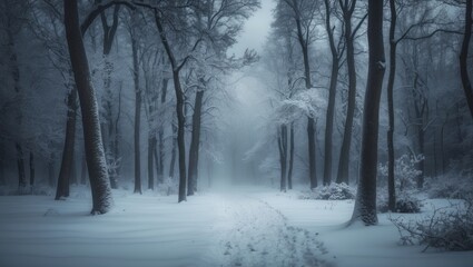 Fototapeta premium Snow-covered forest path in winter with trees and snowflakes, tranquil and cold scene. Nature and winter landscape, peaceful woodland. The scene of a serene winter forest trail.