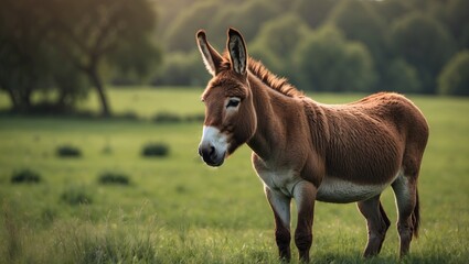 Fototapeta premium Donkey in a green pasture with trees in the background.