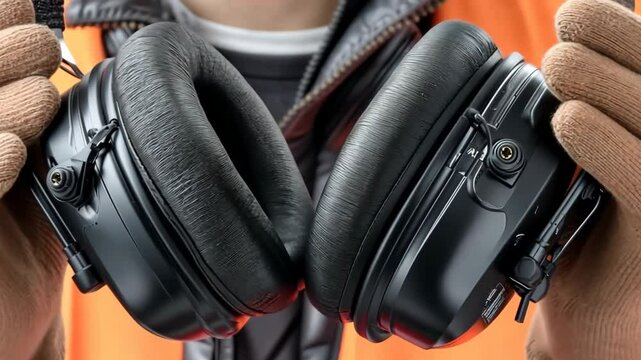 Worker shows protective ear muffs during construction site safety demonstration in a busy urban area