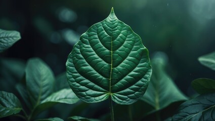 Lush green leaf with intricate veins, surrounded by similar foliage. Nature, flora, and botany concept. Close-up of plant leaf structure.