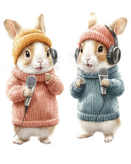 Fototapeta premium Collection set watercolor petfluencer showcasing rabbits, ferrets, and hamsters in cozy sweaters, holding podcast-style mini mics and headphones, in a pastel tech vibe Pastel Petfluencer Aesthetic 