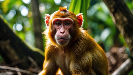A young monkey in the jungle surrounded by green foliage.