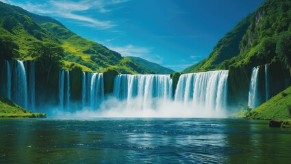 Fototapeta premium Lush green mountains and waterfall cascade into a calm river under a blue sky.