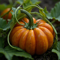 Obraz premium Orange Pumpkin on Vine with Green Leaves