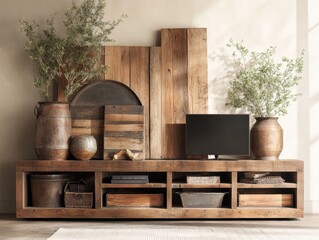 Elegant rustic living room display featuring natural wood furniture and greenery