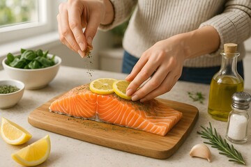 Preparing fresh salmon fillet with lemon, herbs, and seasoning. Hands garnishing raw salmon with thyme and sea salt. Culinary scene of marinating salmon. Seafood. Red fish. Kitchen.Cooking. Restaurant
