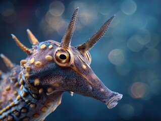 Colorful seahorse with textured patterns and protruding spikes, set against a blurred, circular bokeh background. The focus is on the intricate details of the creature's head