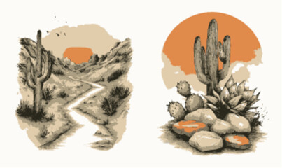 Fototapeta premium Desert Landscape Illustration with Cacti and Sunset Elements