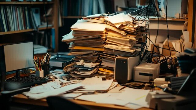 Chaotic Workspace: An Overwhelmed Desk Illustrating Task Overload and Disorganization
