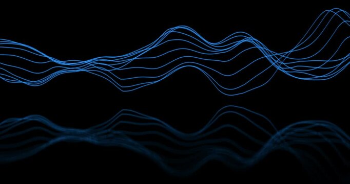 A fluttering colored trail of sine waves on a black background. Mirror reflection on the floor. Seamless looping animation.