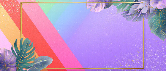 eye-catching summer floral cornes, golden frame and rainbow; violet background