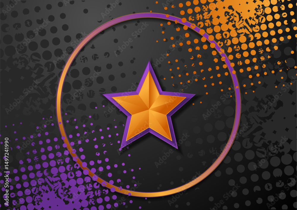 Poster violet orange contrast 3d star and circle ring geometric grunge background. vector halftone retro de