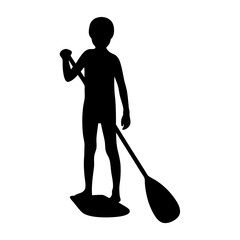 Silhouette of a person paddleboarding in black on a white background