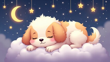 Cute dog sleeping peacefully on a cloud at night.