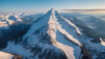 Obraz premium Snow-covered mountain peak from aerial view with surrounding rugged terrain and clear sky. Mountain landscape, snow, and nature scenery.