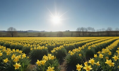 Fototapeta premium Vast field of daffodils bathed in sunlight, clear blue sky above , fresh, day, meadow