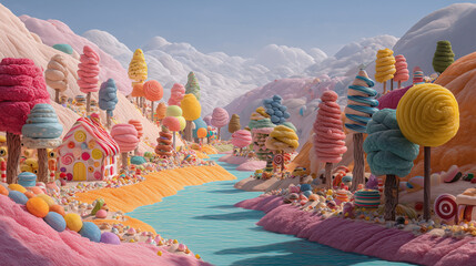 Bright Candyland Landscape With Candy River And Pastel Mountains