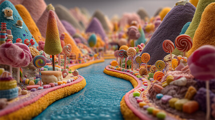 Whimsical Candyland Landscape With Candy River And Mountains