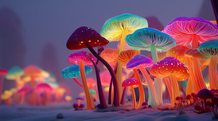 Magical Forest Of Bioluminescent Mushrooms At Dusk