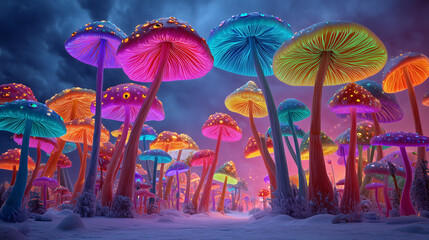 Fantastical Landscape Of Glowing Bioluminescent Mushrooms