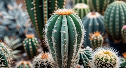 Close-up view of a tall, spiny cactus among other cacti with different shapes and sizes.