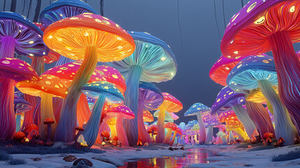 Vibrant Bioluminescent Mushrooms In A Mystical Forest