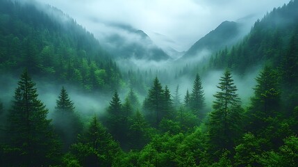 Fototapeta premium Misty pine forest mountain landscape images