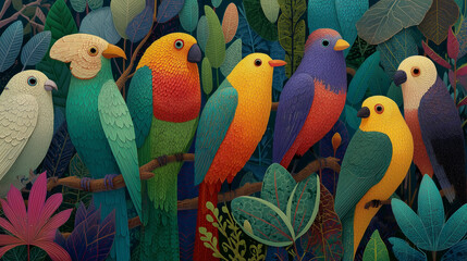 Vibrant Rainforest Birds Perched Among Exotic Foliage