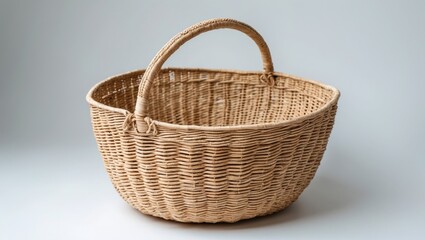Fototapeta premium Wicker basket with handle on a plain background. Handcrafted woven basket for storage or decor. Natural material and design.